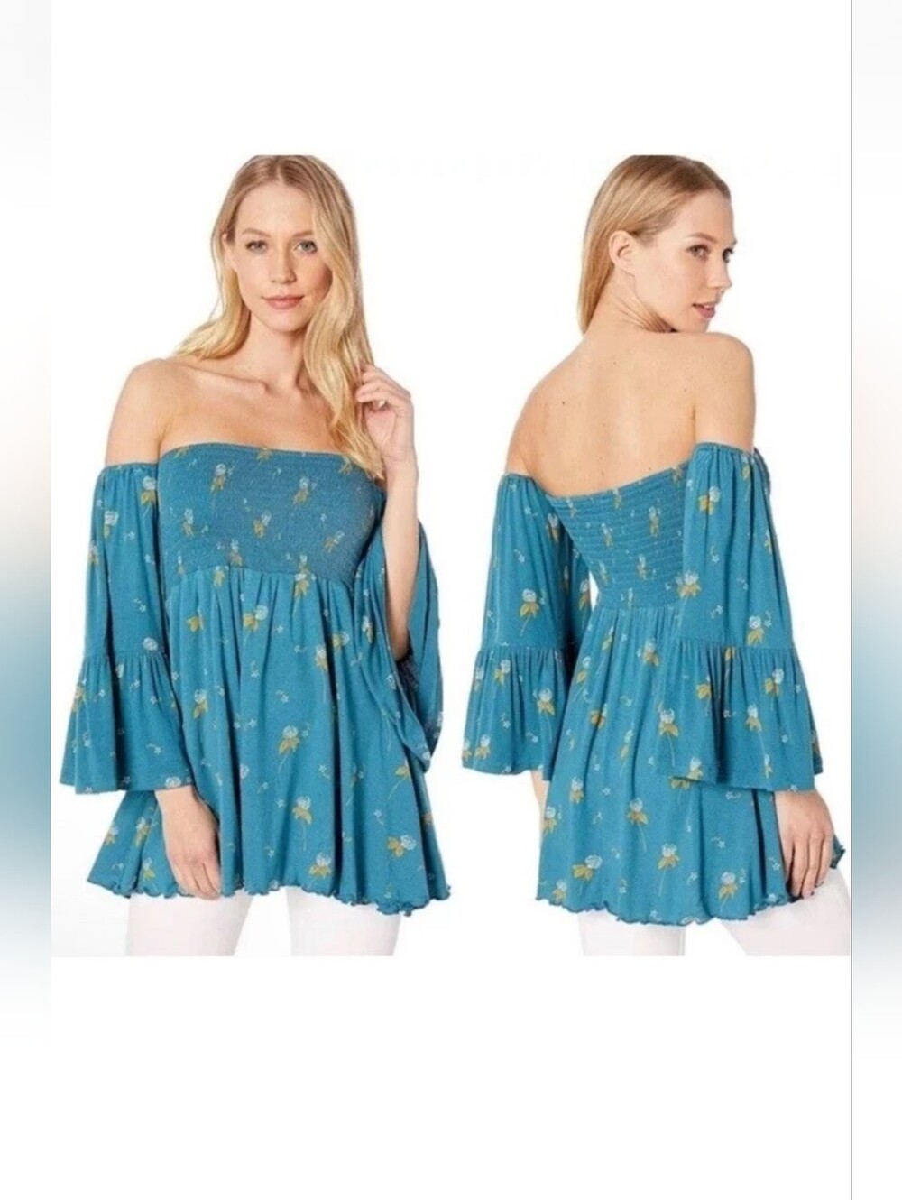 Free People Off-Shoulder Floral Peasant Boho Top - Teal